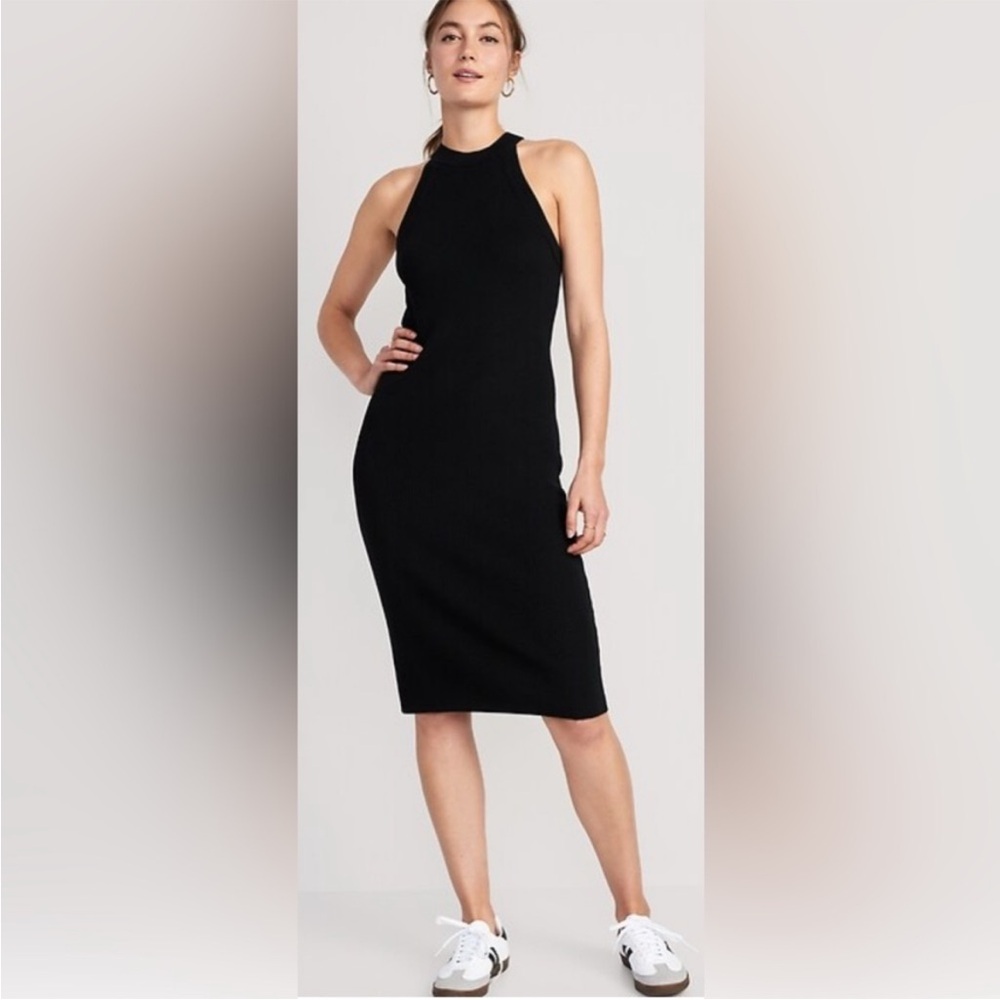 Old Navy Fitted Sleeveless Rib-Knit Midi High Neck Sweater Dress in Black